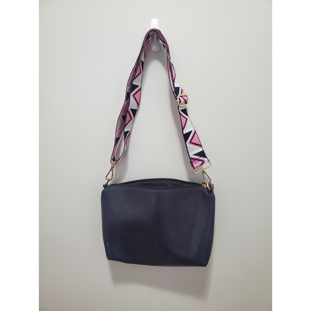 Ahdorned Vegan Leather Messenger Bag in Navy w/ Pink White Navy Geometric Strap